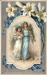 Two Angels Framed by Flowers Postcard