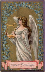 Angel Playing Harp Beneath an Arch of Flowers With Angels Postcard Postcard