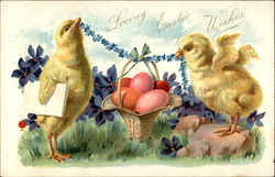 Two Chicks Hold a Basket of Eggs With Chicks Postcard Postcard