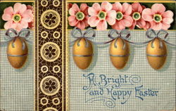 Four Golden Easter Eggs and Pink Blooms Postcard Postcard