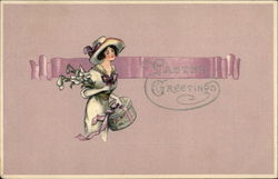 A Lady All Dressed Up Carrying Easter Lilies Postcard