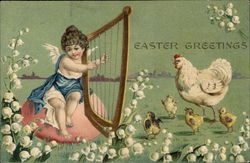 An Angel Plays the Harp For Chicks and Momma Hen With Angels Postcard Postcard