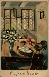 Roaster looking at eggs in a basket Postcard Postcard