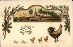 Hen With Three Chicks and Sunrise Scene Postcard