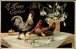 Rooster and hen with three chicks, standing on table With Chicks Postcard Postcard