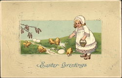 A Little Girl Feeds Yellow Chicks Postcard