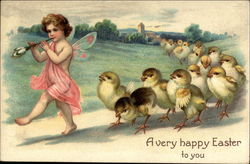 A Child Playing An Instrument While Leading Chicks Postcard