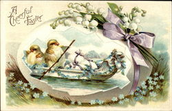 Chick couple canoeing and inside a large egg Postcard