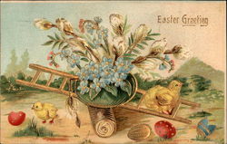 Two Chicks, Blooms, and Easter Eggs With Chicks Postcard Postcard