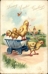 Chick pulling a wagon of chicks With Chicks Postcard Postcard