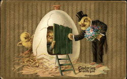 Chick Suitor With Bouquet Knocks at Egg Door With Chicks Postcard Postcard