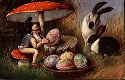 Gnome under a mushroom painting Easter eggs while bunnies watch Postcard Postcard