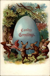 Dwarves and rabbits dancing around Easter egg Eggs Postcard Postcard