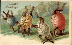 Bunnies inside egg costumes and they are dancing Postcard