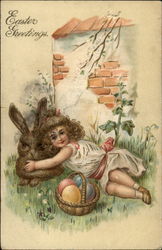 Young Girl with Bunny and Easter Basket Postcard