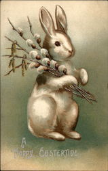 White Bunny Holds Pussy Willow With Bunnies Postcard Postcard