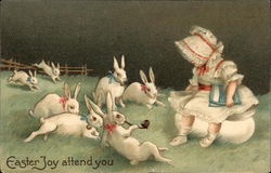 Beribboned Bunnies Lounge Around Girl on Egg Postcard