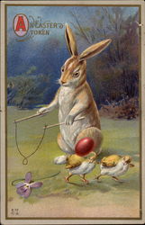 Two Chicks Try to Avoid Bunny Playing With Egg Postcard