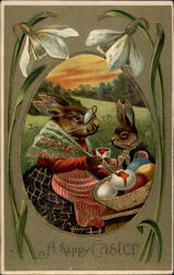 Grandma and Grandchild Bunny Painting Easter Eggs With Bunnies Postcard Postcard