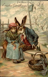 Old Bunny Couple on Bench Postcard