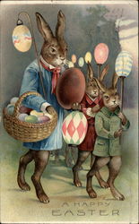 Bunnies Carry Easter Egg Lanterns Postcard