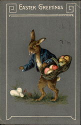 Bunny in Blue Jacket Carries Basket of Easter Eggs With Bunnies Postcard Postcard