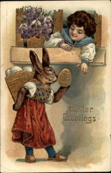 Bunny Hands Egg to Boy in Window Postcard