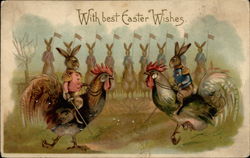 Dueling bunnies riding roosters With Bunnies Postcard Postcard