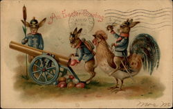 Military Bunnies Prepare to Fire Egg Cannon for Easter With Bunnies Postcard Postcard