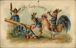 Bunny Soldiers--One Riding Hen, One Loading Eggs Into Cannon With Bunnies Postcard Postcard