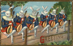 Six Easter Bunnies With Guitars Sit on a Fence With Bunnies Postcard Postcard