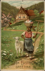 Bunny Farm Girl With Lamb and Basket of Eggs Postcard