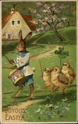 A Drummer Rabbit Leading Dancing Chicks Postcard