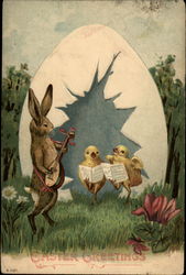 Two Chicks Singing a Hymn with a Bunny on Guitar With Chicks Postcard Postcard