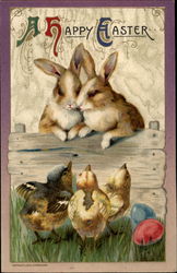 Two Bunnies Regard Three Chicks Over a Fence With Bunnies Postcard Postcard