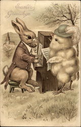 Easter bunny playing piano and chick singing With Bunnies Postcard Postcard