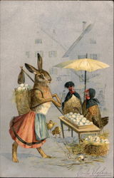 Bunny and Hens at the Egg Market With Bunnies Postcard Postcard