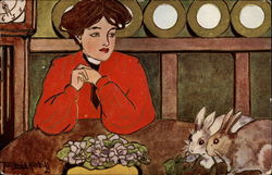 Woman looking at two bunnies Artist Signed Postcard Postcard