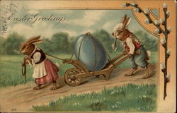 Buuny couple with wheel barrow With Bunnies Postcard Postcard