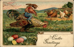 Bunny Jockey Rides Rooster Past Eggs Postcard