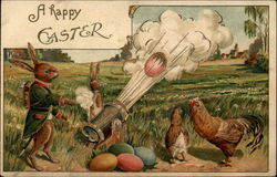 Rabbits Shooting Eggs Out Of A Cannon Like Device Postcard