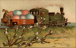 Train hauling Easter eggs with bunny conductor Postcard