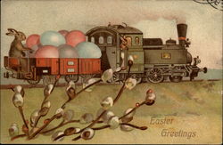 Bunnies Ride a Train To Deliver Easter Eggs Postcard