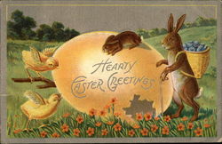 Hearty Easter Greetings With Bunnies Postcard Postcard