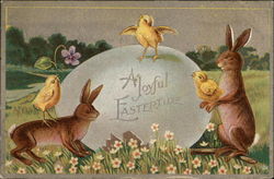 Chicks and Bunnies looking at an Easter egg With Bunnies Postcard Postcard