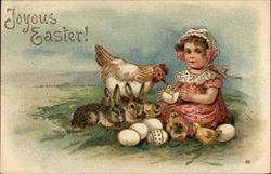 Baby Girl With Bunnies, Hen, Chicks and Eggs With Children Postcard Postcard