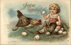 Little Girl and Bunny Discover Eggs With Children Postcard Postcard