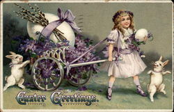 Girl Pulls Cart With Egg and Violets With Children Postcard Postcard