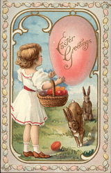 Girl With Easter Basket Sees Two Bunnies With Children Postcard Postcard