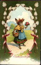 Bunny Rabbit With Bouquet and Basket With Bunnies Postcard Postcard